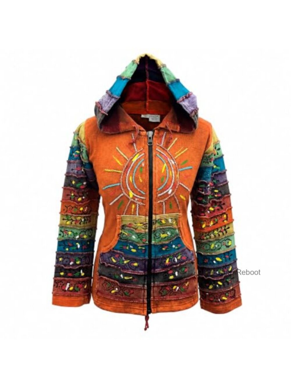 100% Cotton Sun Embroidered Full Zip Boho Hoodie